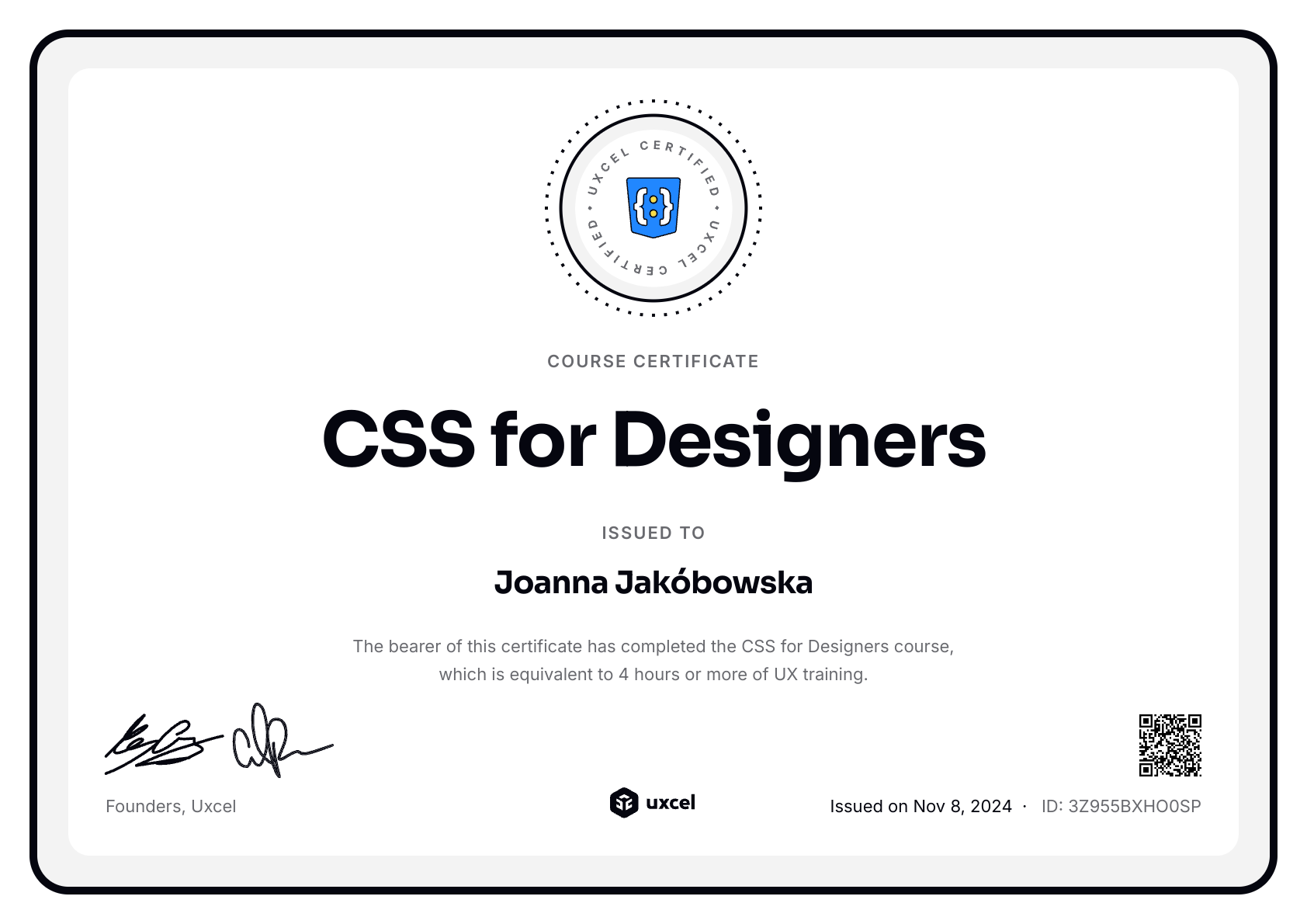 Joanna Jakóbowska's certificate